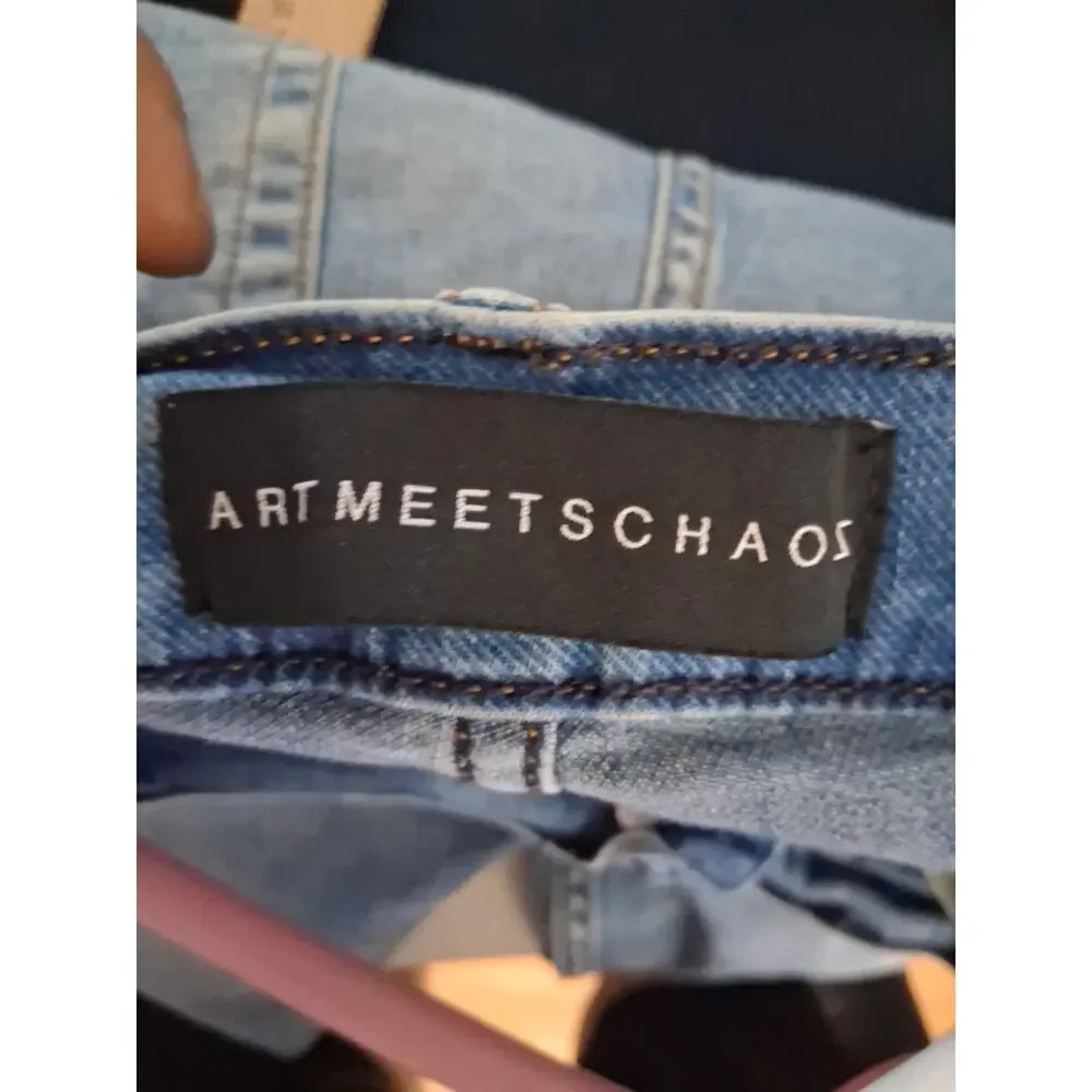 Art Meets Chaos Donwan Harrell Mens Distressed Skinny Jeans Blue Button Fly 38